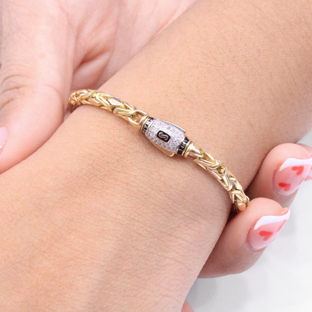 Pulsera Mónaco Chain 14k Modelo Rey Round Hueco con Broche Pavé mod. 8798