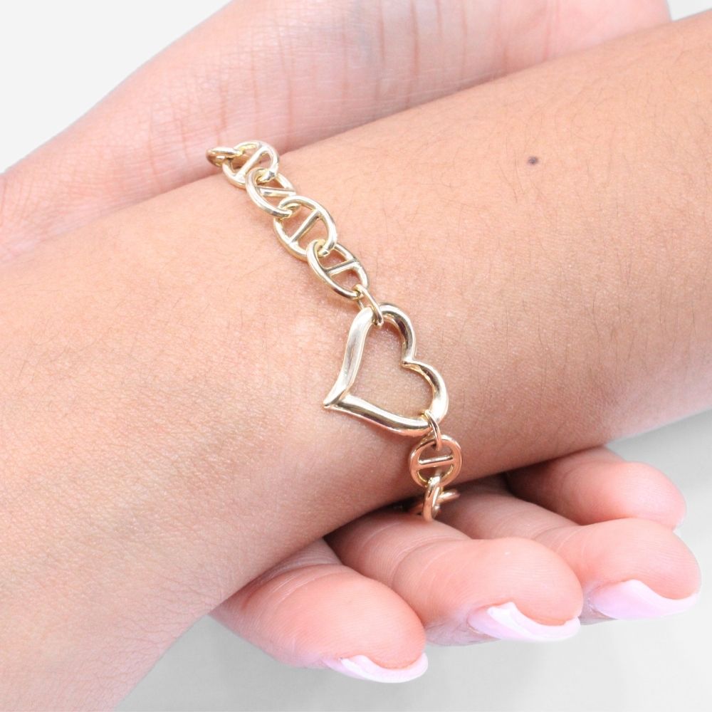 Pulsera de Oro 14k Fino con Eslabones Escalera Huecos y Corazón Brillante mod. 8661