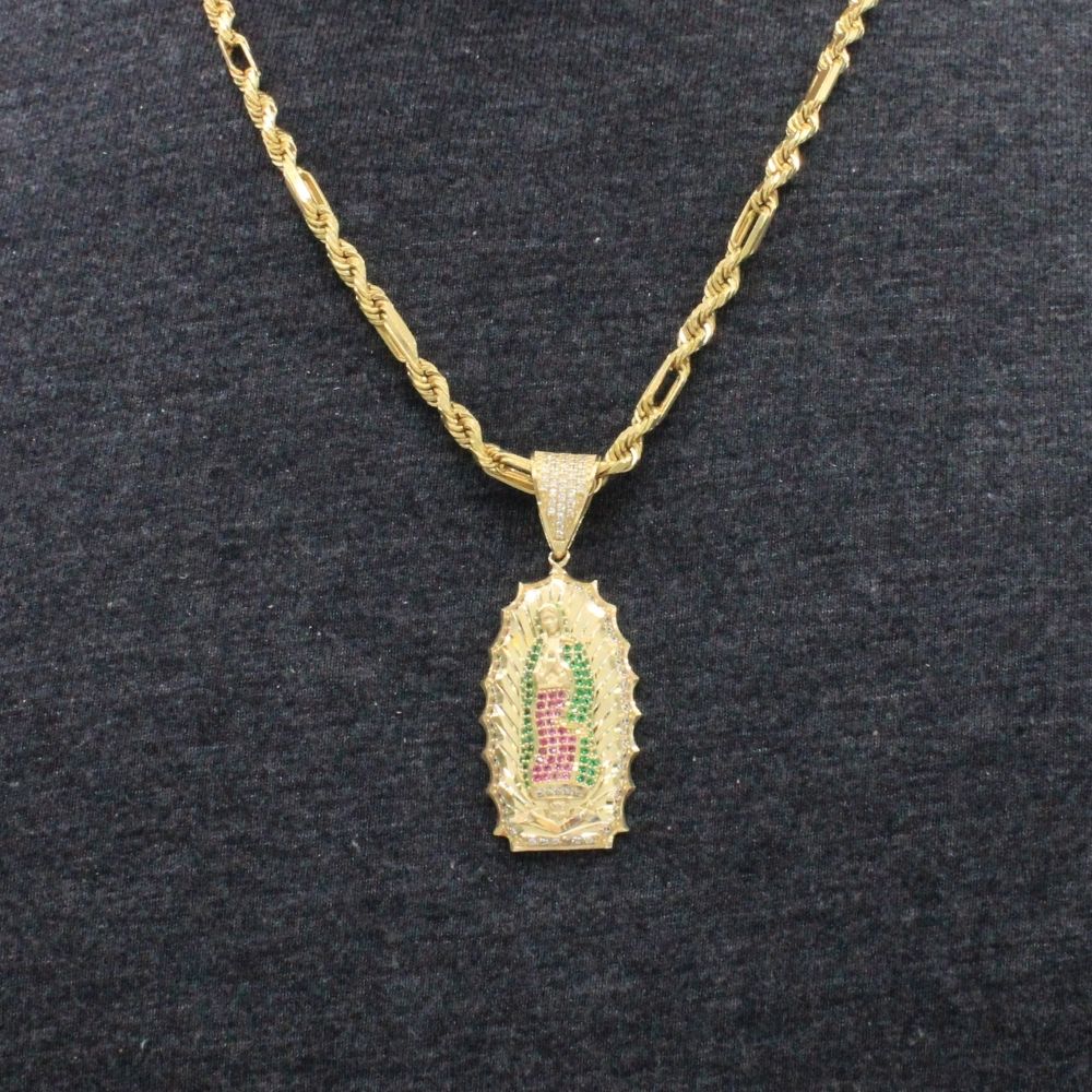 Dije de Oro 14k Virgen Guadalupe con Resplandor en Diseño Hueco e Incrustada con Zirconias mod. 9713