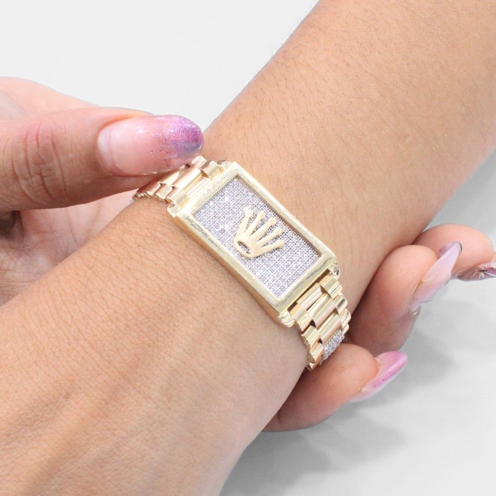 Pulsera de Oro 14k Plus Hueco con Placa de Corona en Incrustado de Zirconias Finas mod. 9382