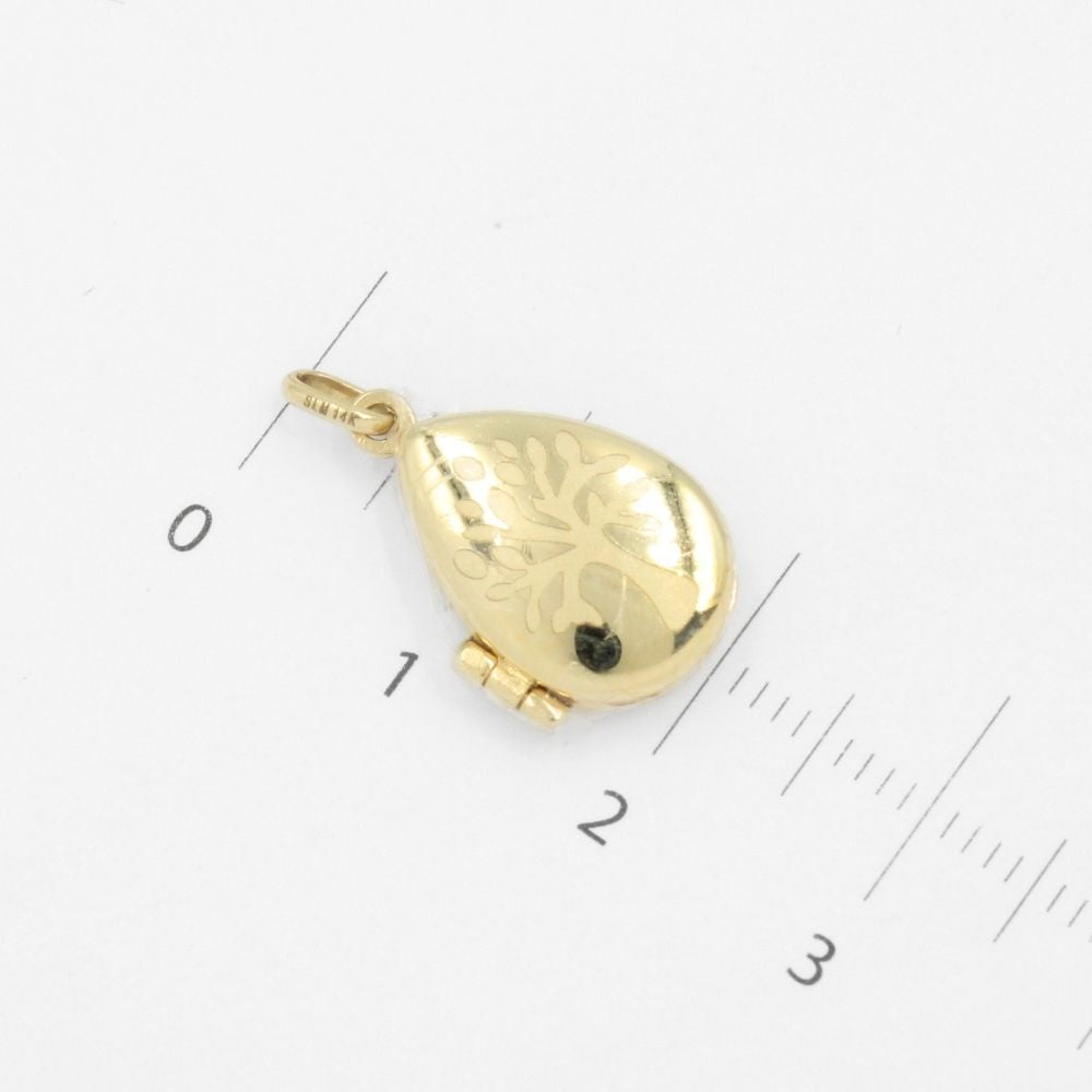 Dije Relicario en Oro 14k Diseño de Gota con Grabado de Árbol de la Vida mod. 8748