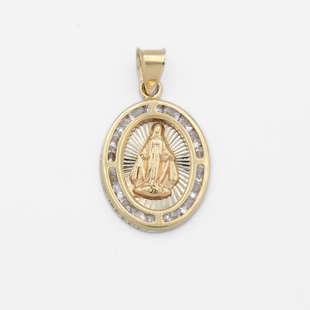 Medalla de Oro 14k de Diseño Oval Fino con Zirconias e Imagen de la Virgen Milagrosa mod. 9848