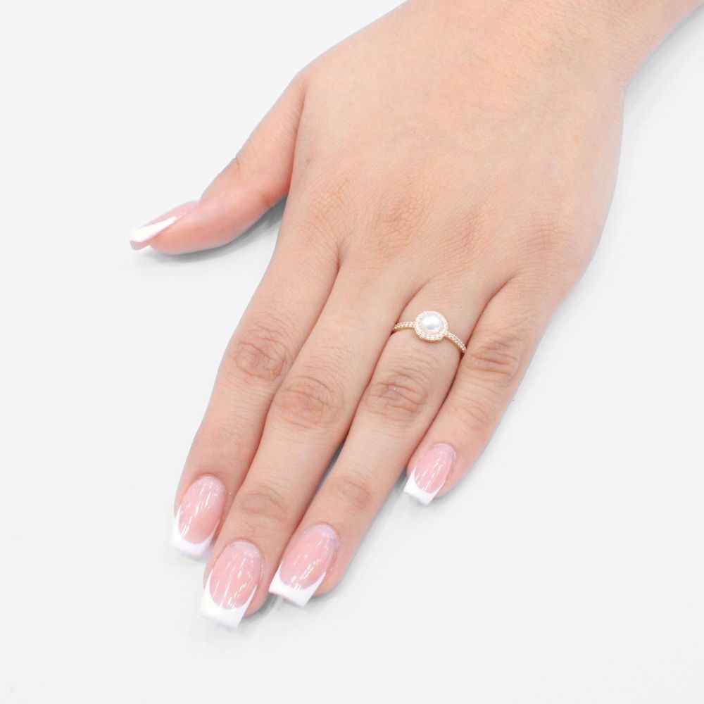 Anillo de Oro 14k Diseño con Perla Natural Detallada con Zirconias mod. 9585
