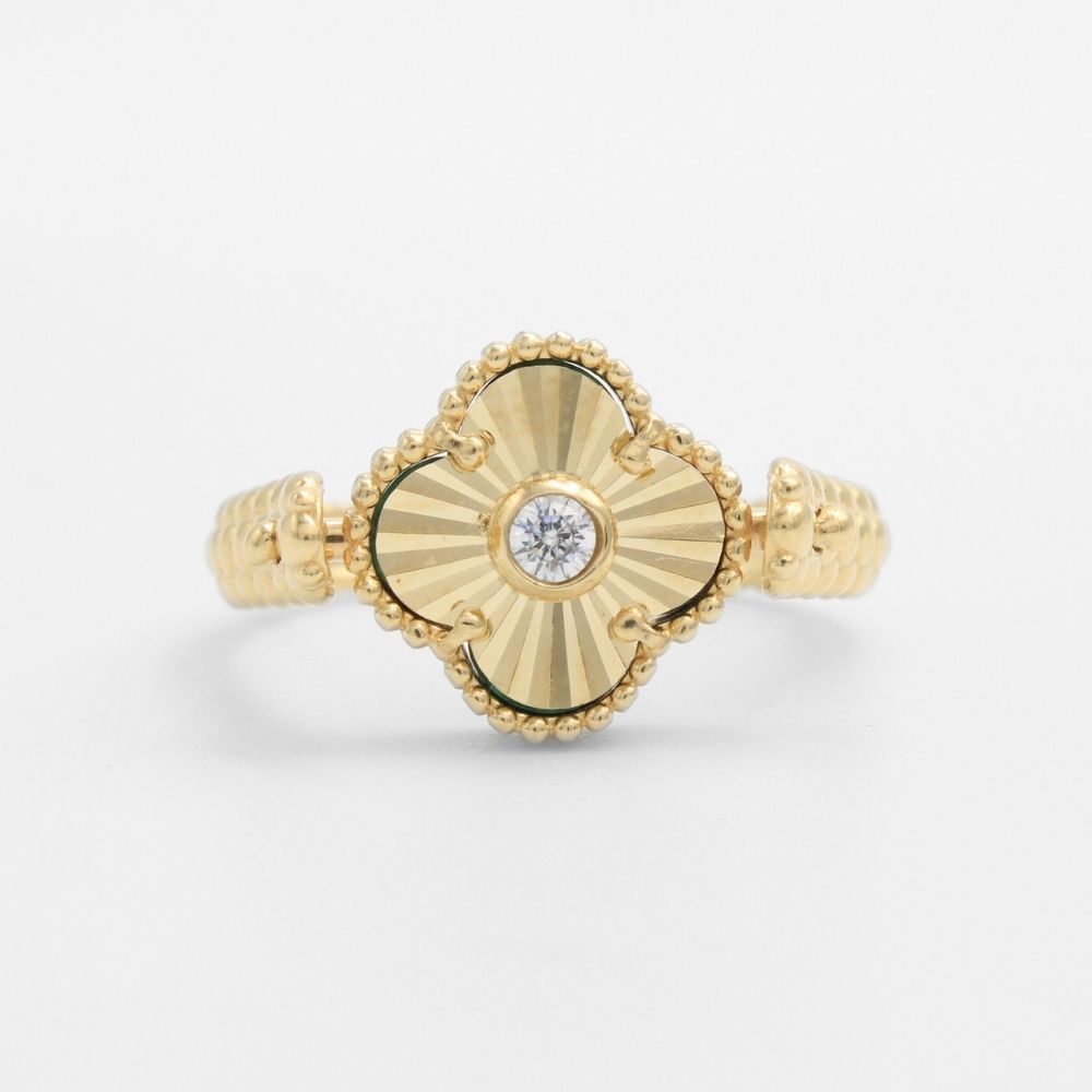 Anillo de Oro 14k Trébol Especial Giratorio con Malaquita y Zirconia mod. 9665