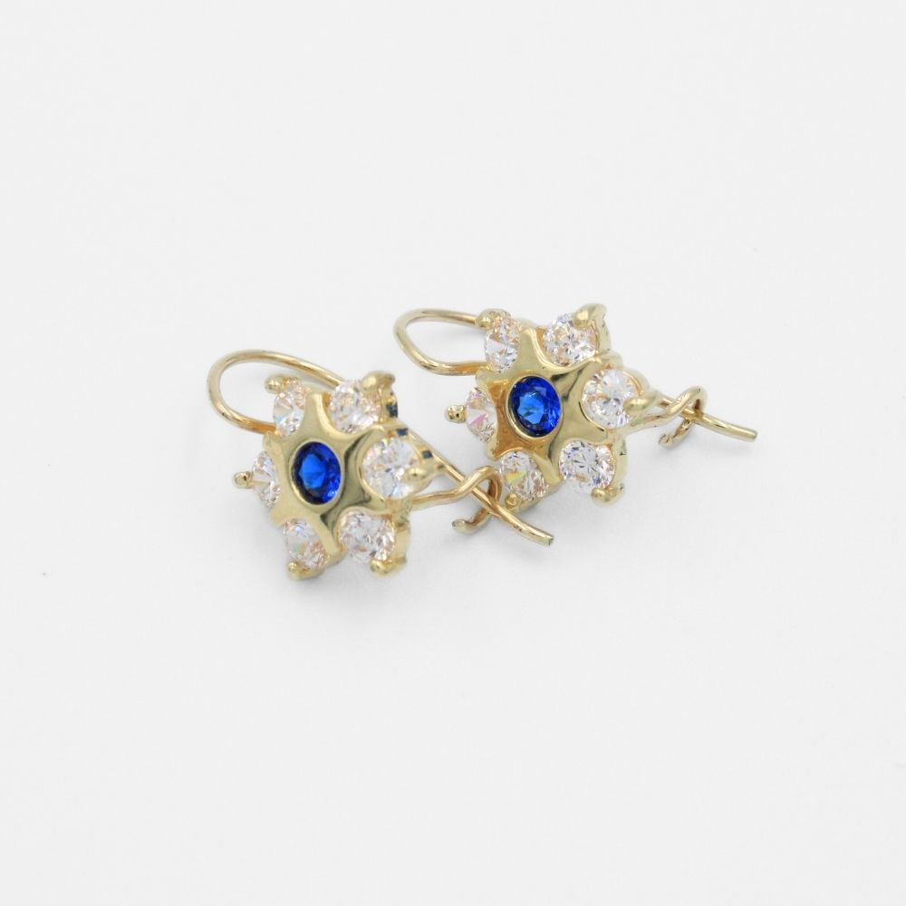 Arete con Broche Arillo de Oro 14k con Diseño Estrella Incrustado con Zirconia Azul mod. 9762