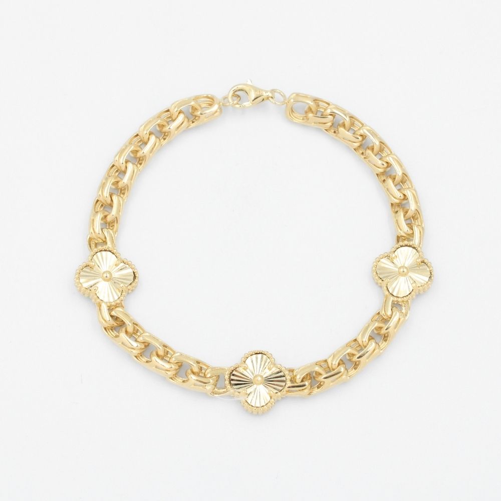 Pulsera de Oro 14k de Eslabones Huecos y Brillantes Detallada con Tréboles Diamantados mod. 8865