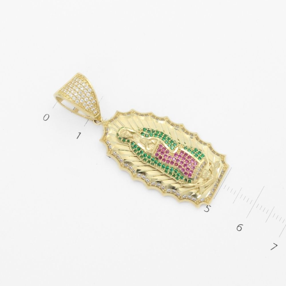Dije de Oro 14k Virgen Guadalupe con Resplandor en Diseño Hueco e Incrustada con Zirconias mod. 9713