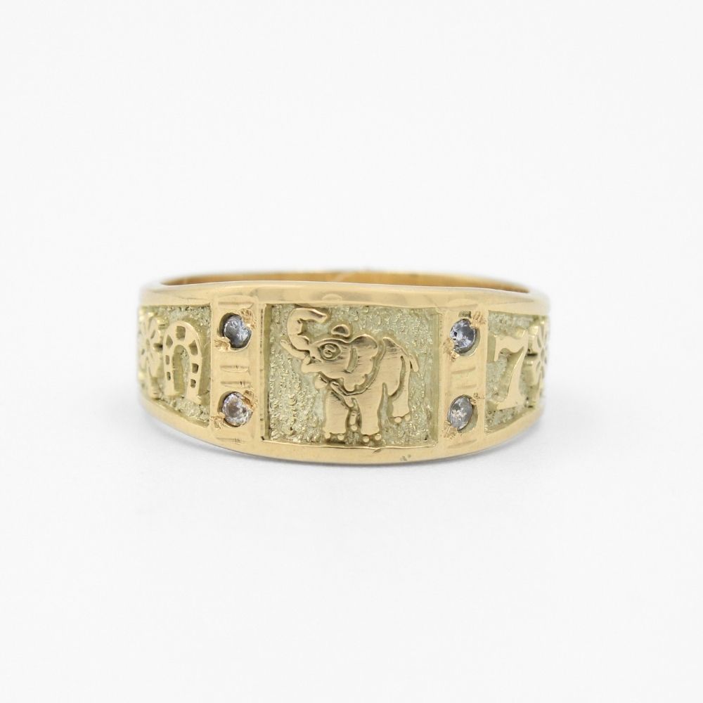 Anillo de Oro 14k de la Suerte con Zirconias y Diseño Rústico mod. 8632
