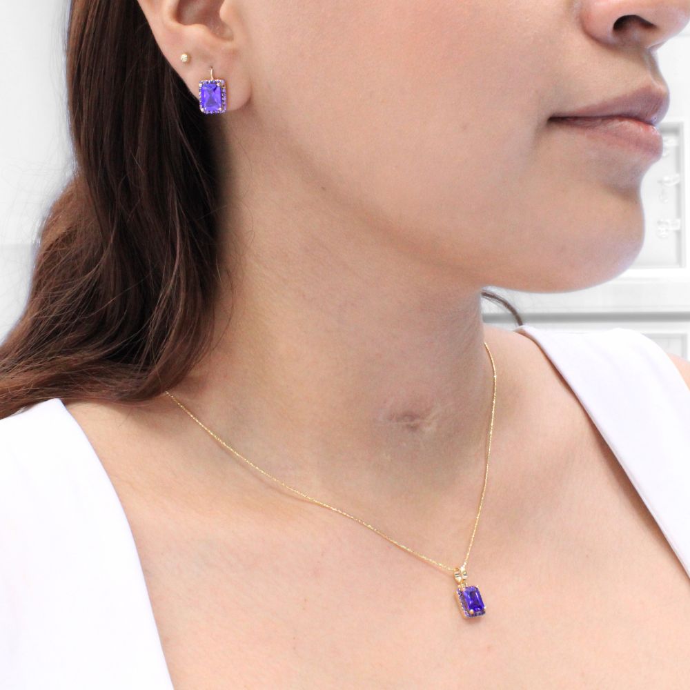 Coordinado de Oro 14k Diseño Fino con Zirconias de Color Morado Royal mod. 9932