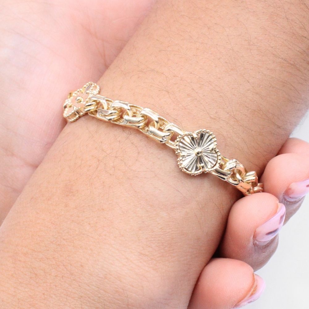 Pulsera de Oro 14k de Eslabones Huecos y Brillantes Detallada con Tréboles Diamantados mod. 8865