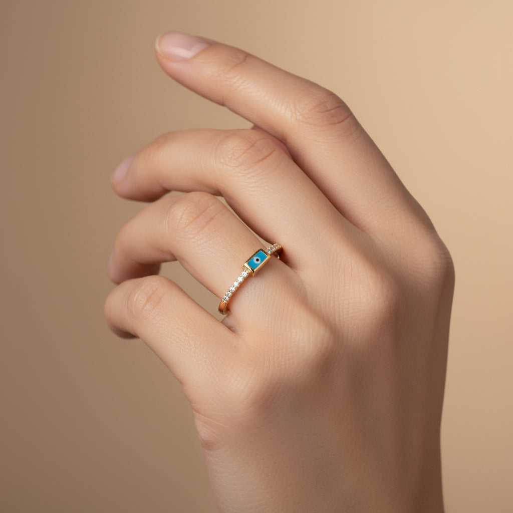 Anillo de Oro 14k de Diseño Fino con Ojo Turco y Zirconias mod. 10007