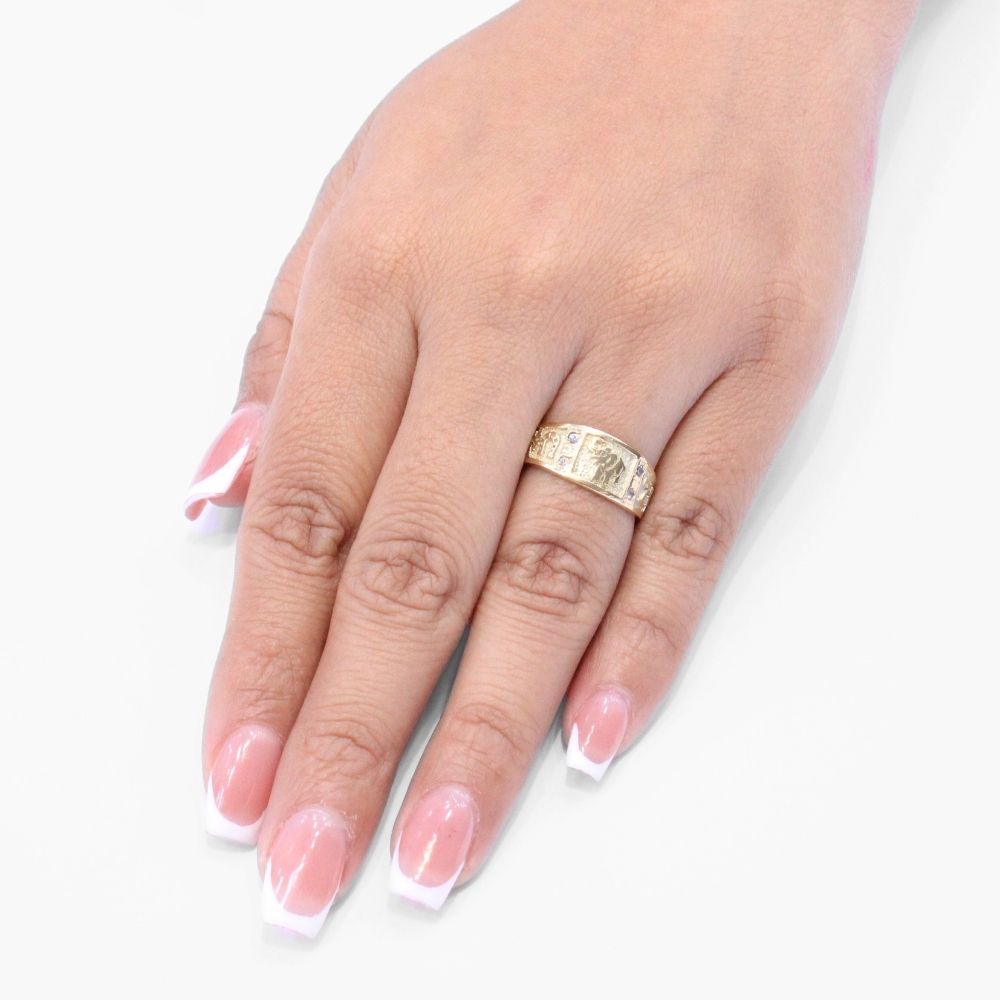 Anillo de Oro 14k de la Suerte con Zirconias y Diseño Rústico mod. 8632