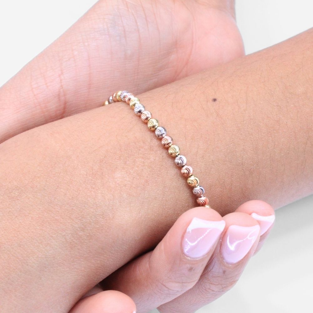 Pulsera de Oro 14k con Tejido de Esferas Huecas de Diseño Diamantado Especial mod. 8660