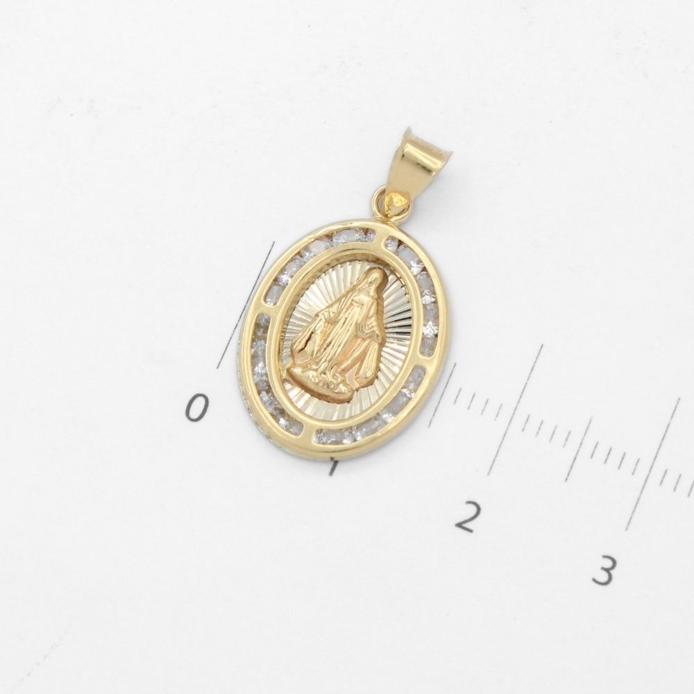 Medalla de Oro 14k de Diseño Oval Fino con Zirconias e Imagen de la Virgen Milagrosa mod. 9848
