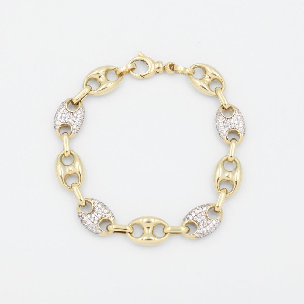 Pulsera de Oro 14k con Eslabones Inflados de Diseño Especial Detallados con Zirconias mod. 9034