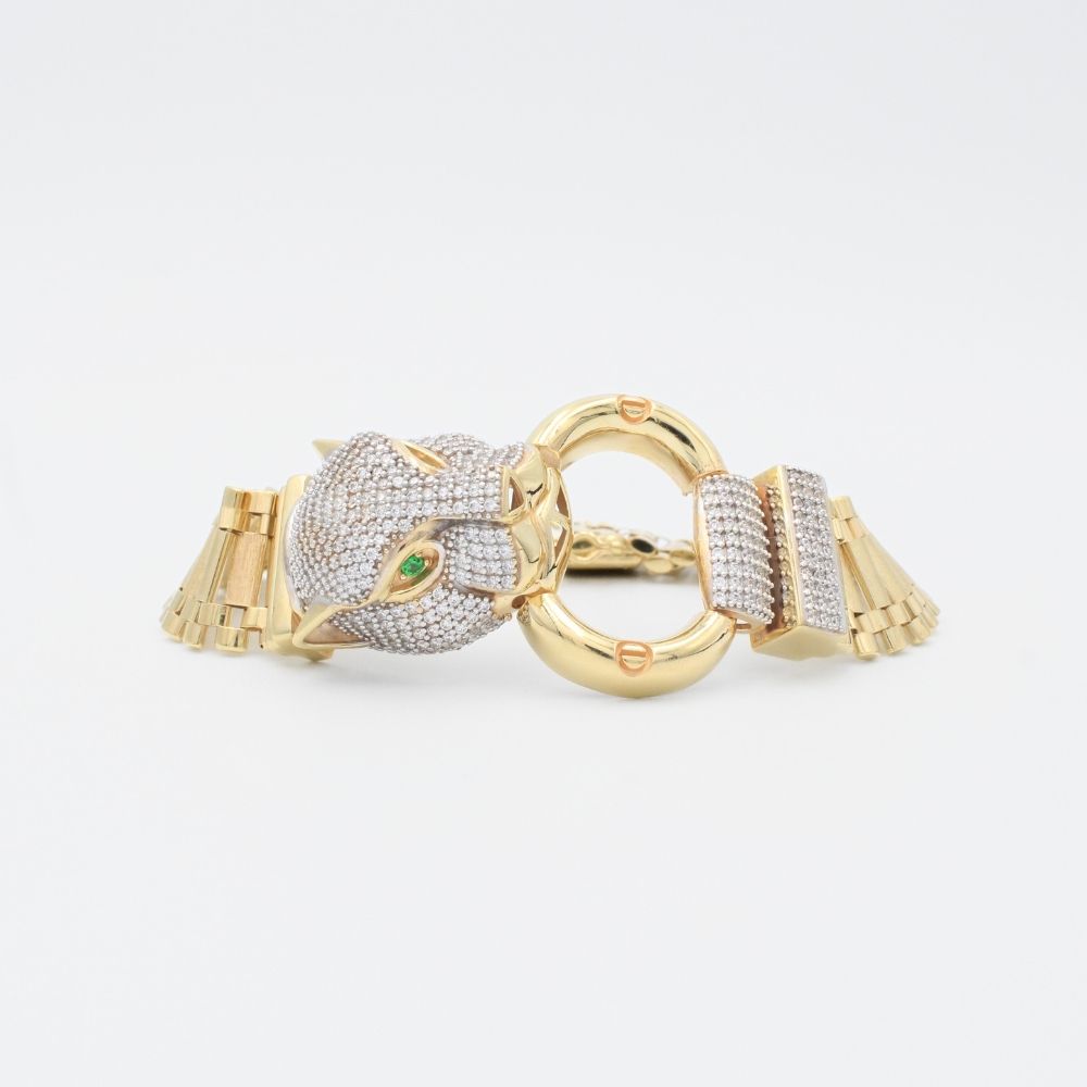 Pulsera de Oro 14k Plus Hueco con Aro y Pantera Incrustada con Zirconias Finas mod. 9383