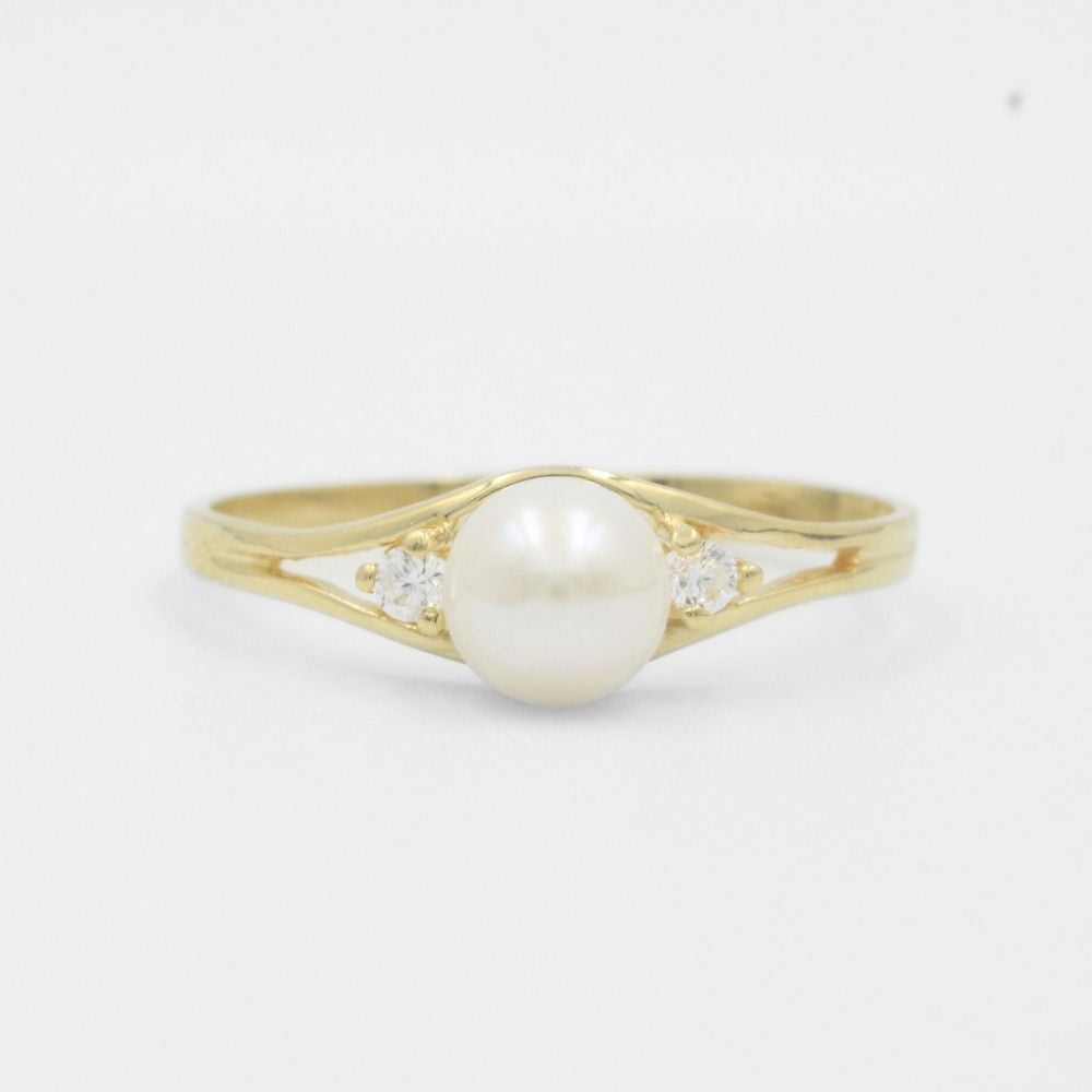 Anillo de Oro 14k Elegante con Perla Natural Detallado con Pequeñas Zirconias mod. 7722