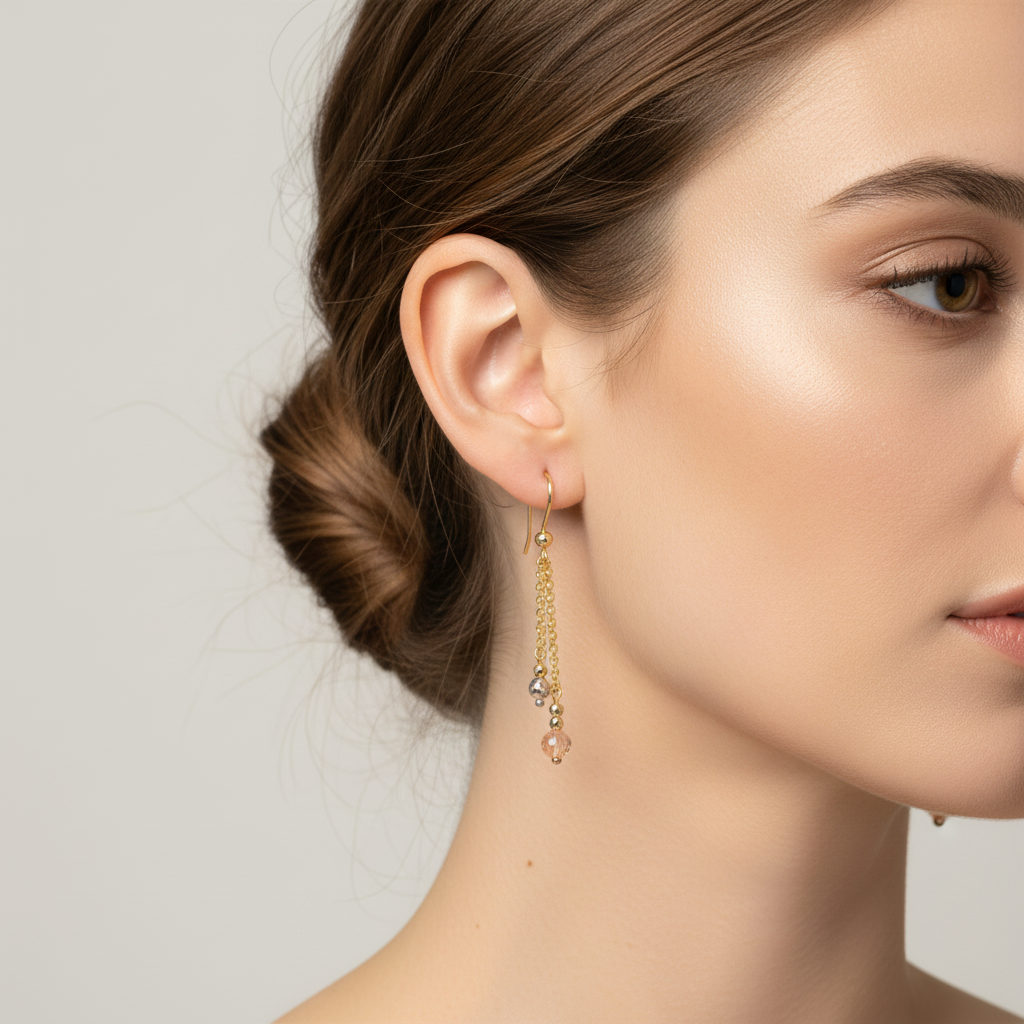 Arete Largo de Oro 14k Modelo Elegante con Esferas Brillantes mod. 10120