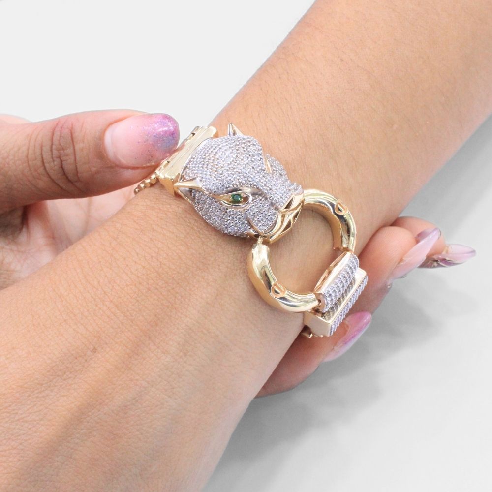 Pulsera de Oro 14k Plus Hueco con Aro y Pantera Incrustada con Zirconias Finas mod. 9383