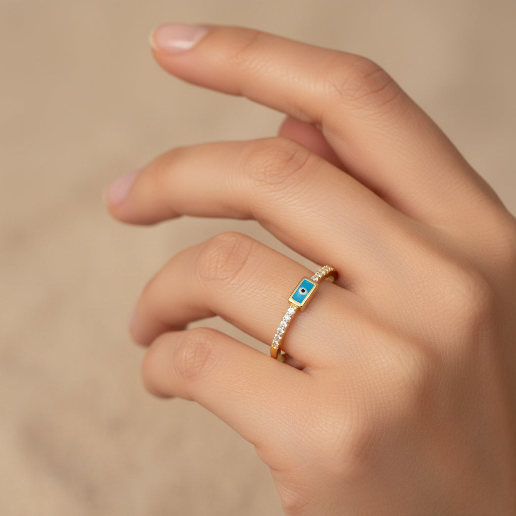 Anillo de Oro 14k de Diseño Fino con Ojo Turco y Zirconias mod. 10007