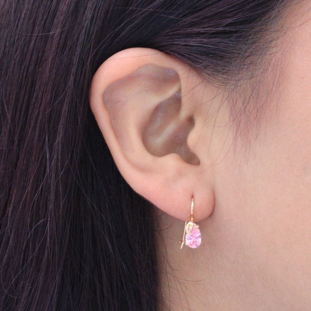 Arete con Broche Arillo de Oro 14k Gota de Zirconia Color Rosa Limonade mod. 9766