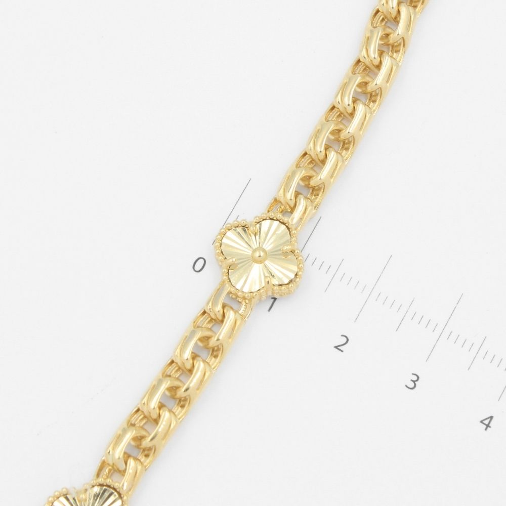 Pulsera de Oro 14k de Eslabones Huecos y Brillantes Detallada con Tréboles Diamantados mod. 8865