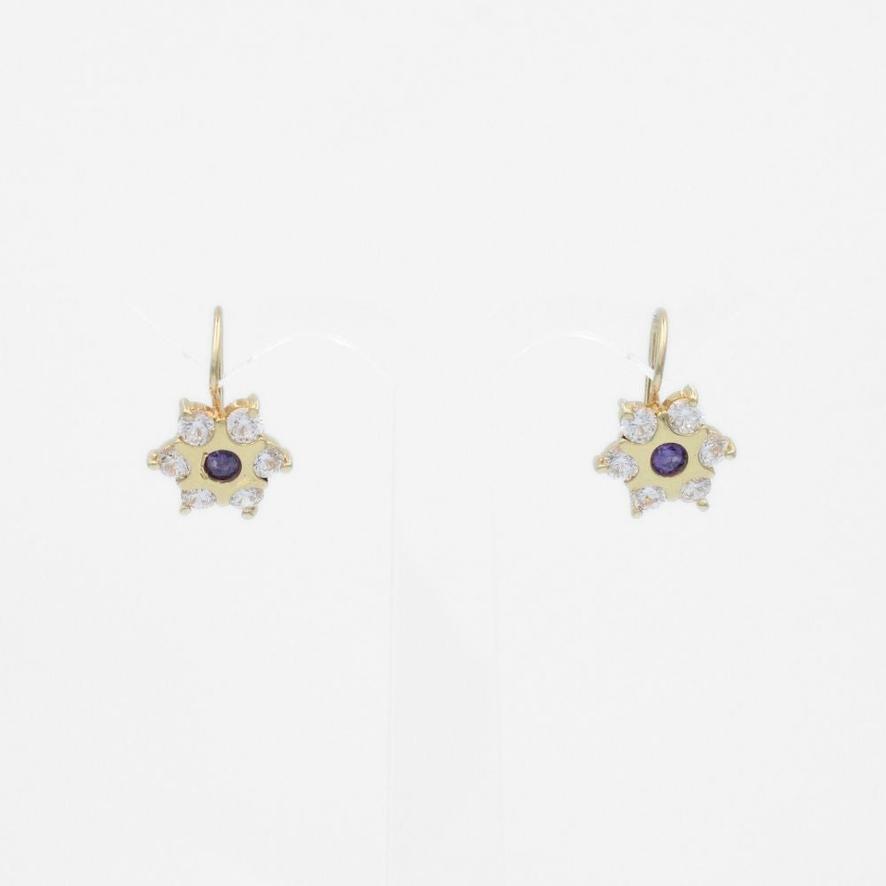 Arete con Broche Arillo de Oro 14k con Diseño Estrella Incrustado con Zirconia Morado mod. 9762