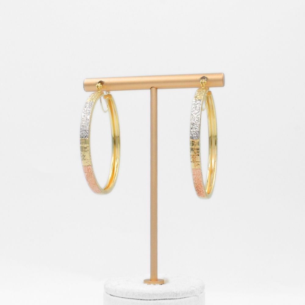 Arracada de Oro 14k Diseño Redondo y Hueco con Diamantado Estilo Barroco mod. 9778