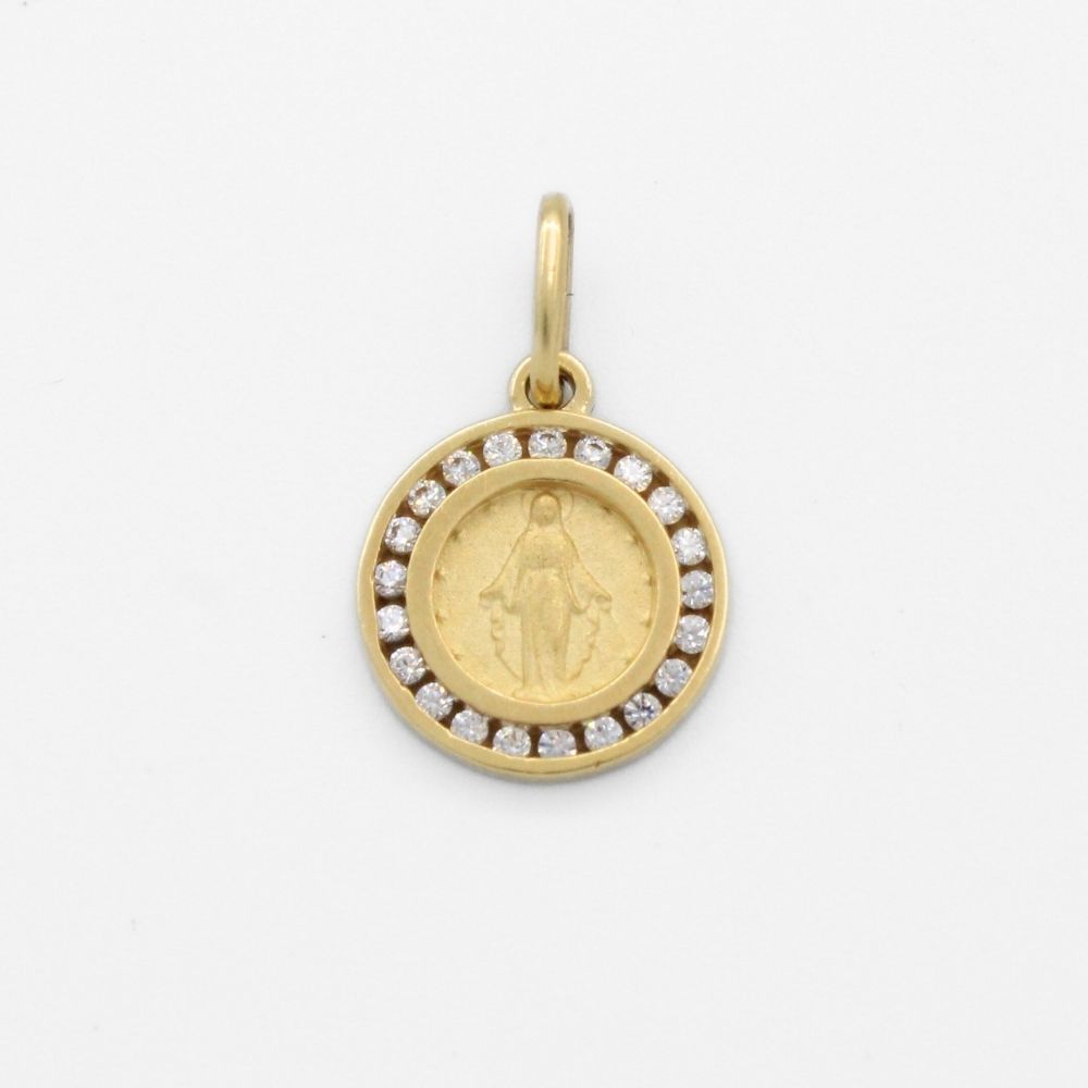 Medalla de Oro 14k Modelo Circular con Zirconias e Imagen de la Virgen Milagrosa mod. 9849