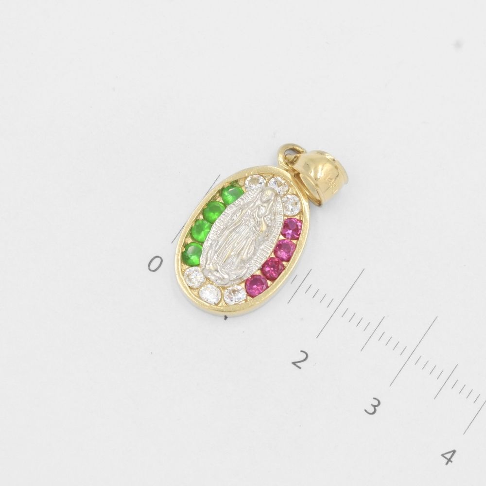 Medalla de Oro 14k Virgen Guadalupe con Zirconias de Colores Mexicanos mod. 8024