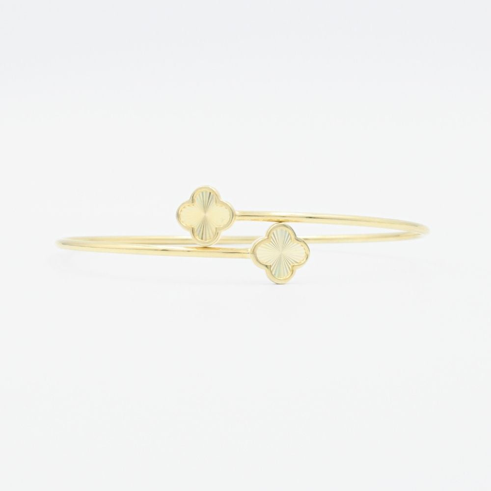 Aro de Oro 14k Tubular Hueco con 2 Trébol de Diamantado Arcoíris en Diseño Abierto mod. 8990