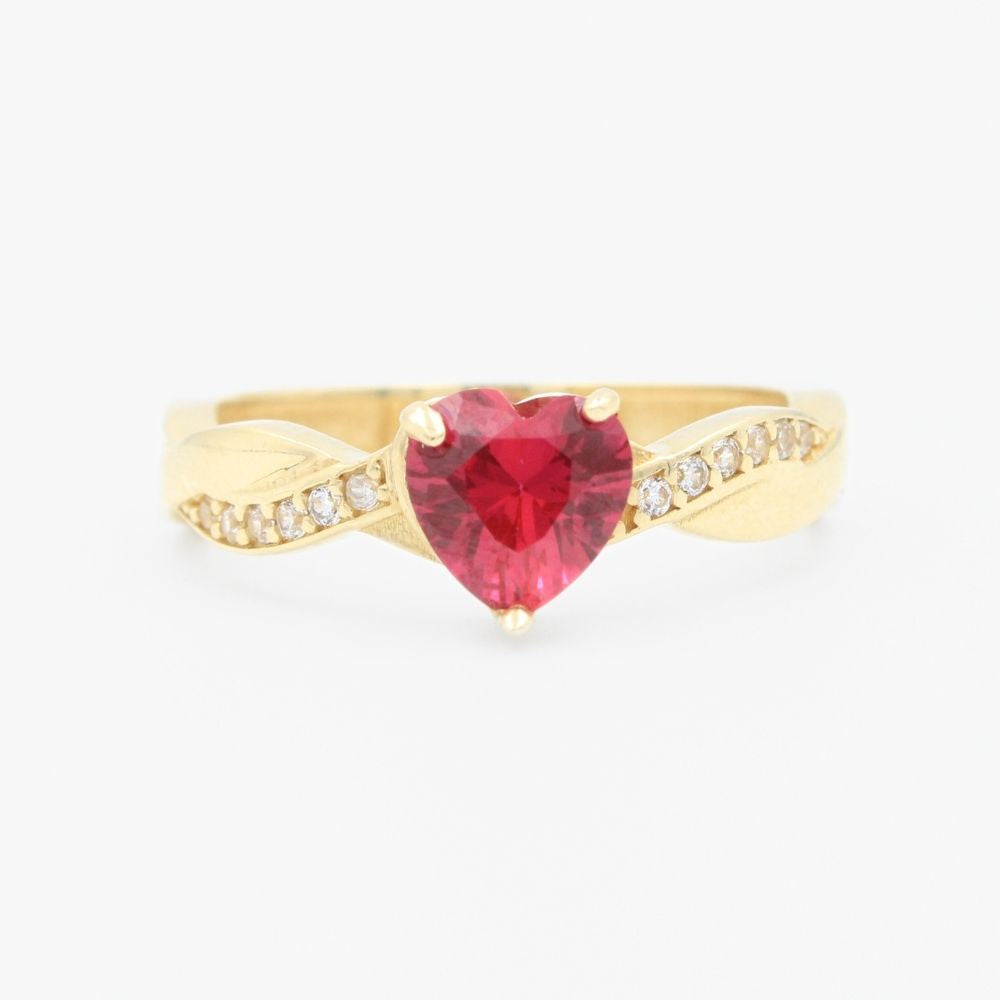 Anillo de Oro 14k de Diseño de Corazón Trenzado con Incrustación de Zirconia Roja mod. 9277