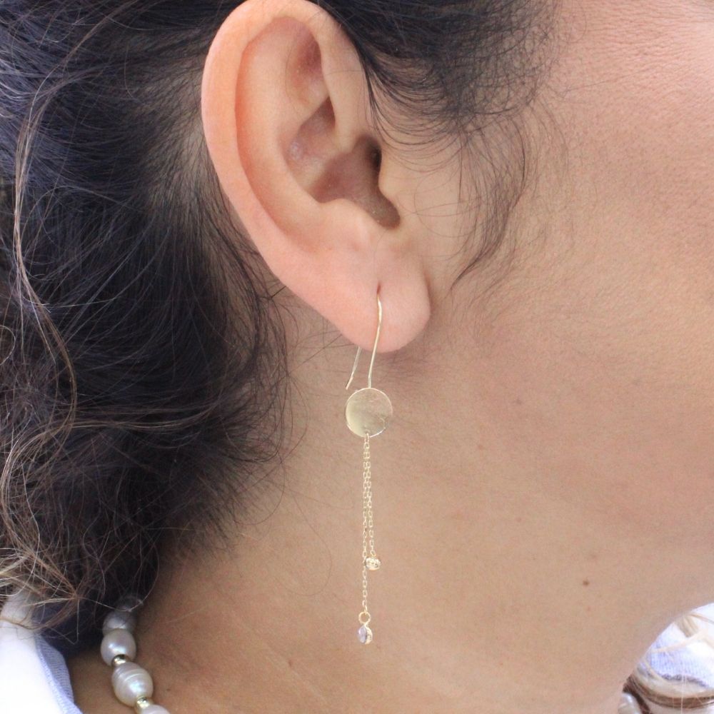 Arete Largo de Oro 14k Diseño de Espejo con Zirconias y Tiras Brillantes mod. 3050