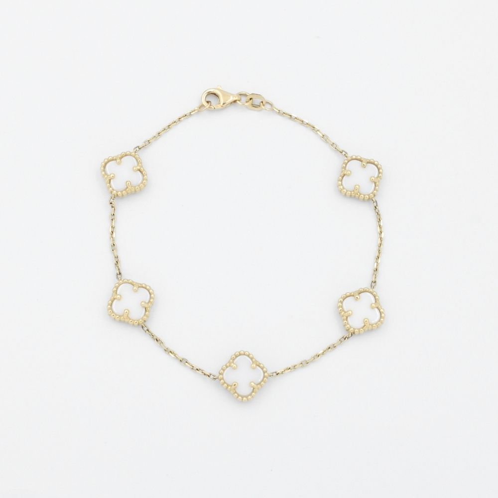 Pulsera de Oro 14k Fino con Eslabones de Trébol Incrustados con Madre Perla mod. 9035