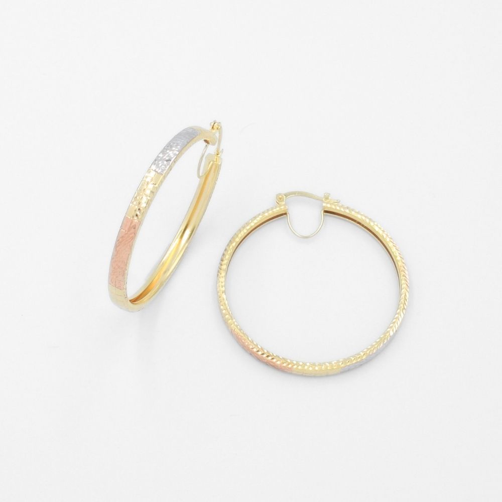 Arracada de Oro 14k Diseño Redondo y Hueco con Diamantado Estilo Barroco mod. 9778