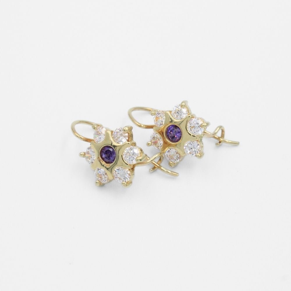 Arete con Broche Arillo de Oro 14k con Diseño Estrella Incrustado con Zirconia Morado mod. 9762