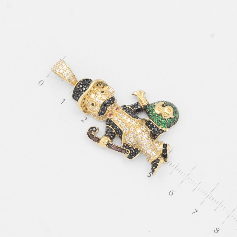 Dije de Oro 14k Tío Rico Bolsas de Centavo Incrustado con Zirconias y en Diseño Hueco mod. 7704