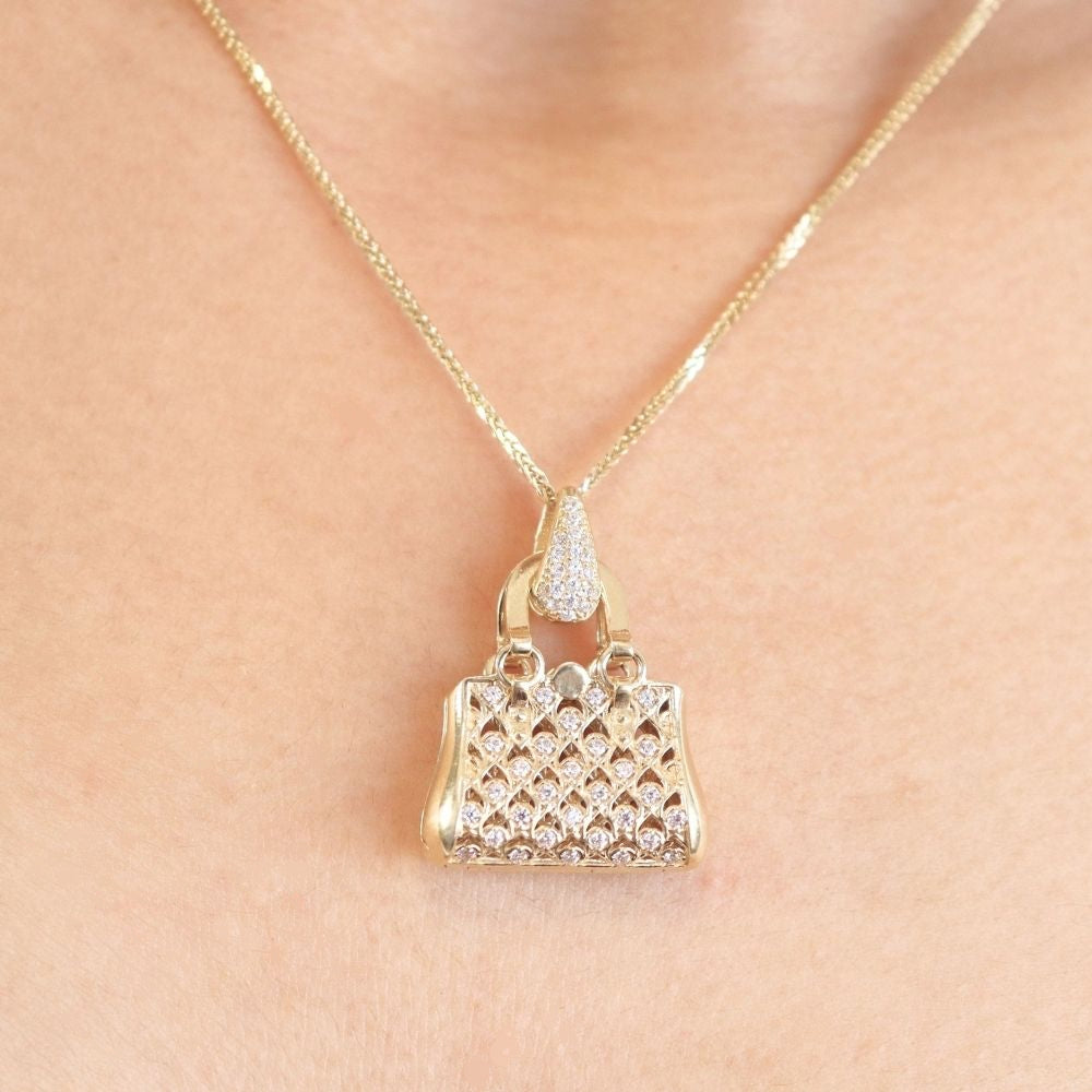 Dije de Oro 14k Bolso Brillante con Zirconias de Diseño Elegante mod. 0963