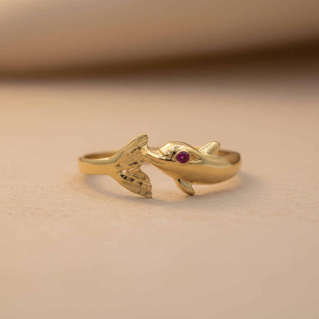 Anillo de Oro 14k Delfìn con Ojo de Zirconia Roja mod. 10008