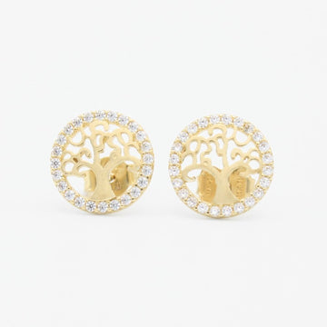 Arete de Oro 14k Diseño Circular Incrustado de Zirconia con Árbol de la Vida mod. 9357