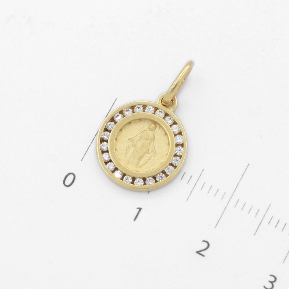 Medalla de Oro 14k Modelo Circular con Zirconias e Imagen de la Virgen Milagrosa mod. 9849
