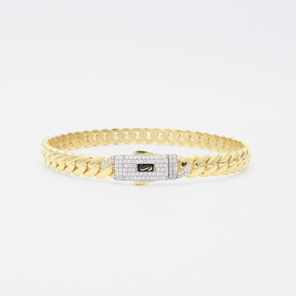 Pulsera Mónaco Chain 14k Delgada Modelo Cuff Flexible y Hueco con Incrustación de Swarovski en Broche mod. 9385