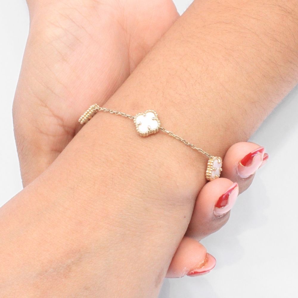 Pulsera de Oro 14k Fino con Eslabones de Trébol Incrustados con Madre Perla mod. 9035