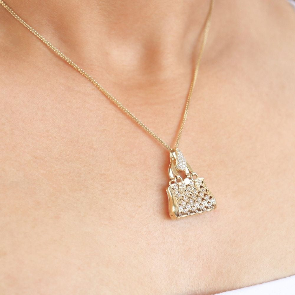 Dije de Oro 14k Bolso Brillante con Zirconias de Diseño Elegante mod. 0963