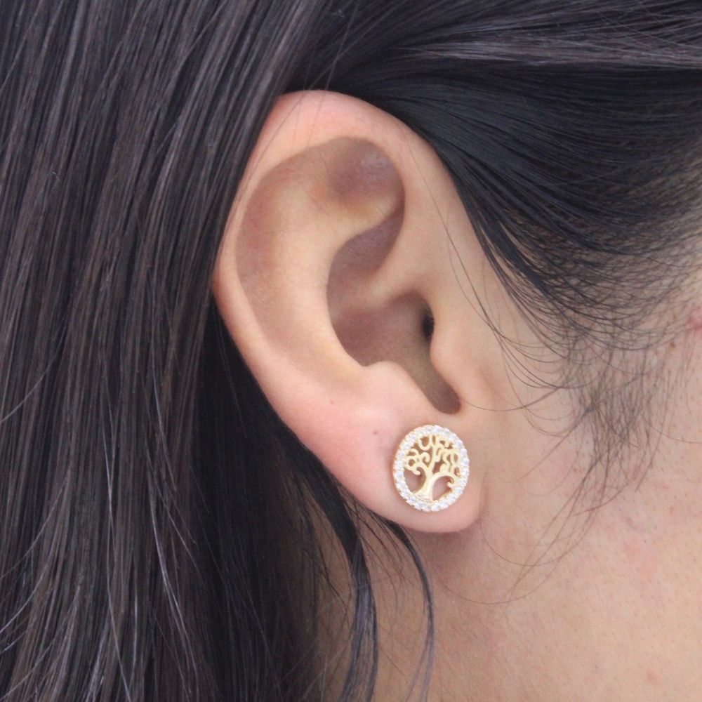 Arete de Oro 14k Diseño Circular Incrustado de Zirconia con Árbol de la Vida mod. 9357