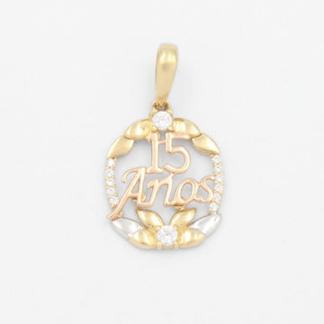 Dije de Oro 14k con Diseño Oval con Detalles de Hojas Incrustado de Zirconias Finas  mod. 9556