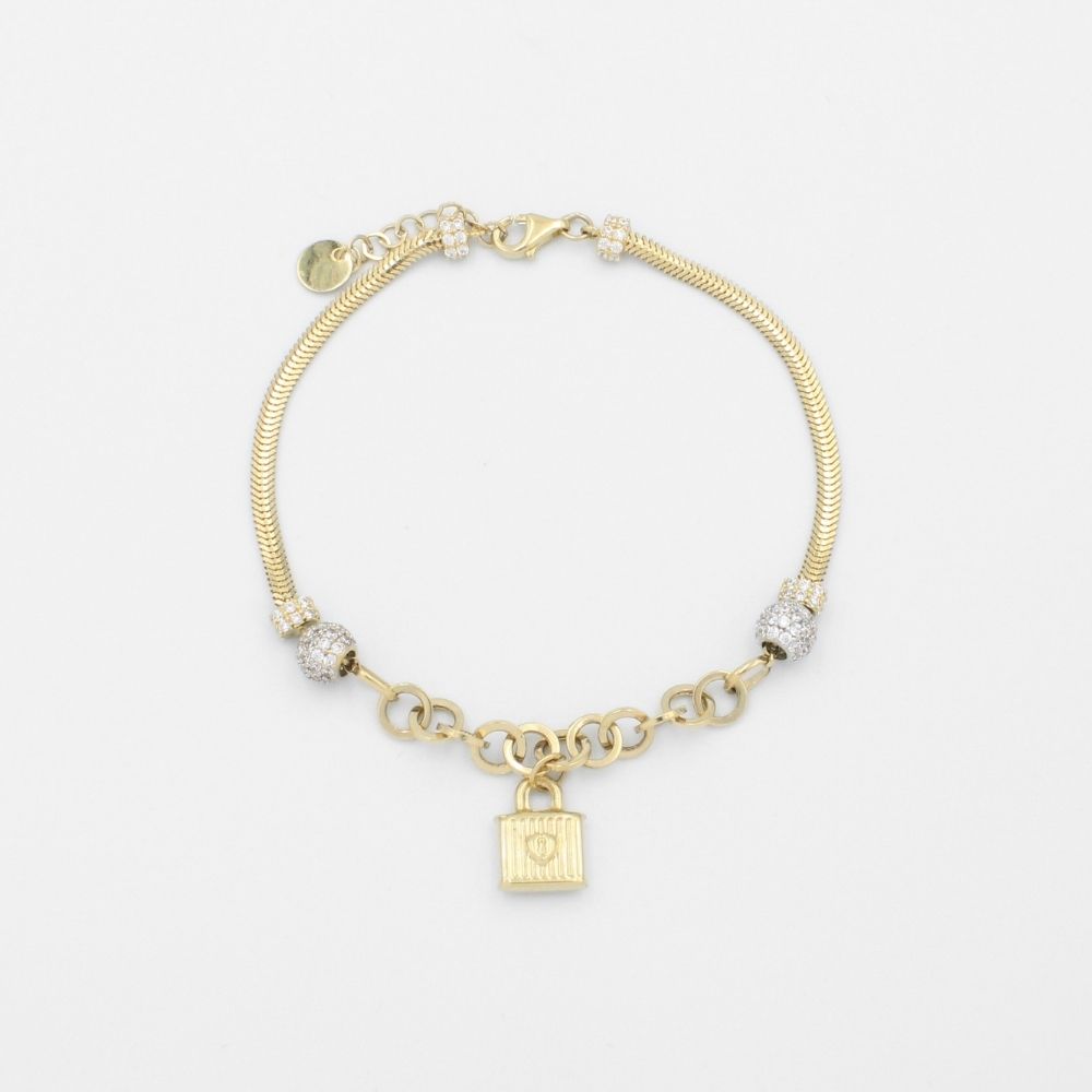 Pulsera de Oro 14k Diseño Especial con Esferas de Zirconias y Charm de Candado mod. 9694