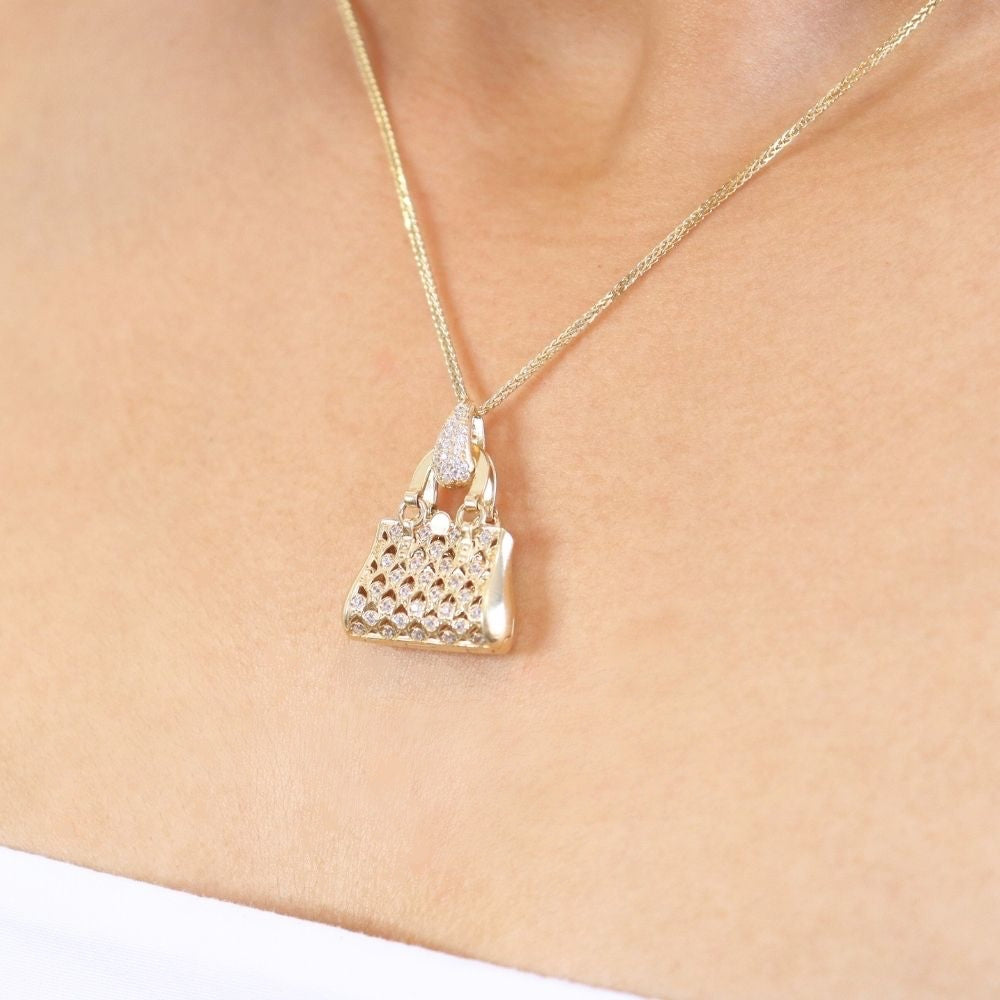 Dije de Oro 14k Bolso Brillante con Zirconias de Diseño Elegante mod. 0963