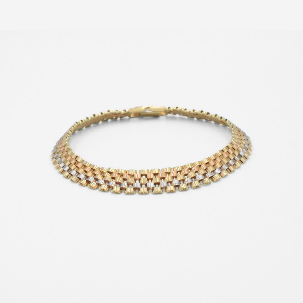 Pulsera de Oro 14k Tejido Ensamblado de 3 Colores con Diseño Estrecho mod. 9806