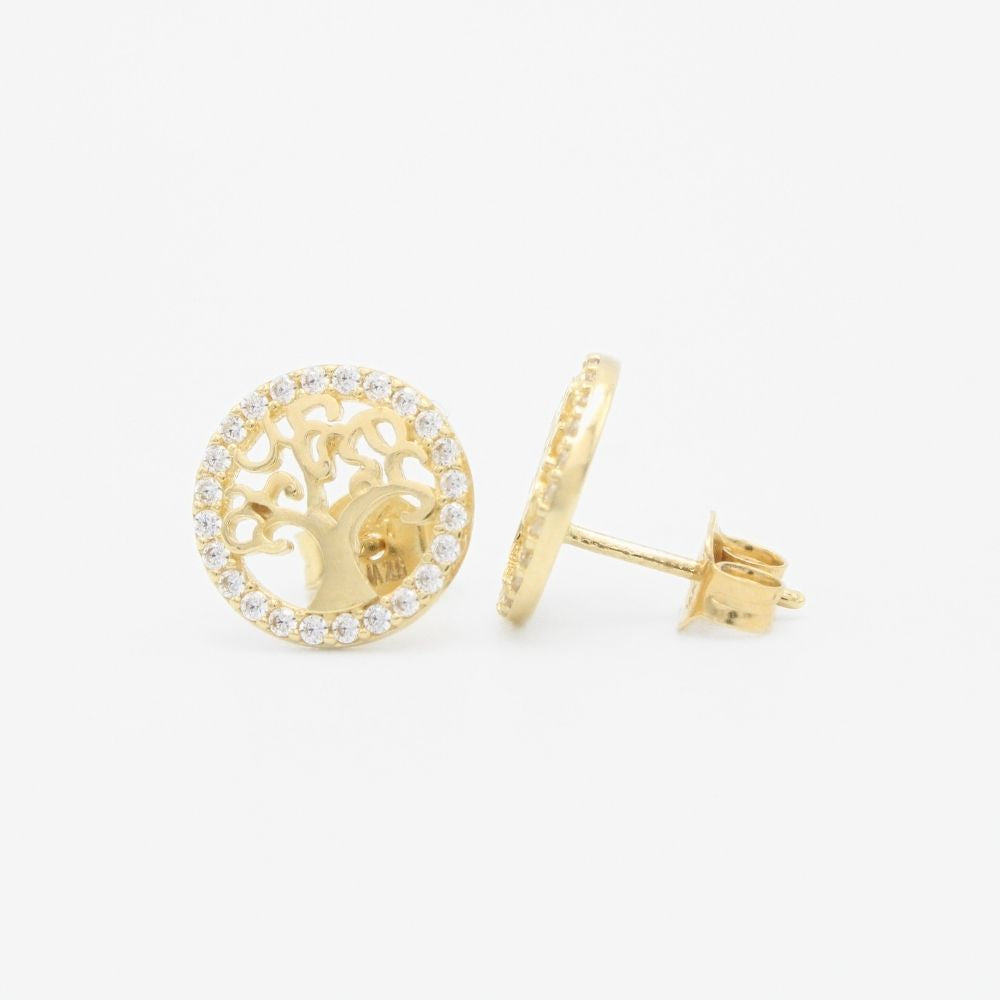 Arete de Oro 14k Diseño Circular Incrustado de Zirconia con Árbol de la Vida mod. 9357